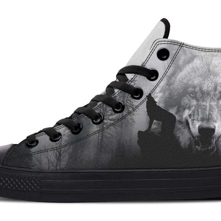 Unisex Printed High Top Canvas Shoes For Everyday Wear - black high-top canvas sneaker with wolf print, rubber toe cap and memory EVA footbed
