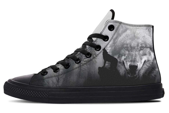 Unisex Printed High Top Canvas Shoes For Everyday Wear - black high-top canvas sneaker with wolf print, rubber toe cap and memory EVA footbed