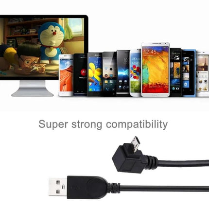 Universal Micro USB Charging And Sync Cable 90 Degree Angle shown with right-angle micro USB and USB-A for phones and devices