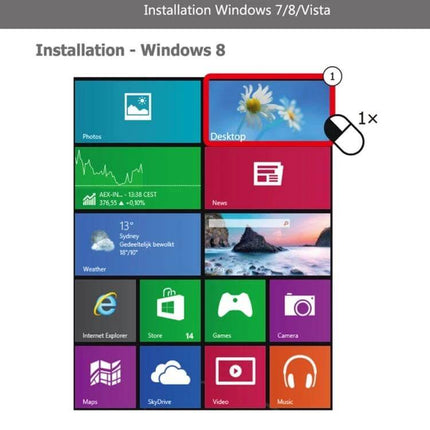 USB Condenser Microphone With Desktop Stand For Streaming shown next to Windows 8 Start screen indicating plug-and-play setup for streaming and calls