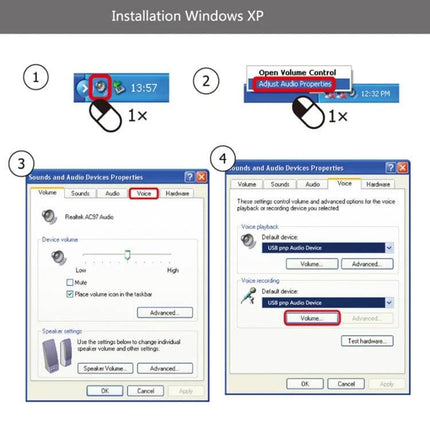 USB Condenser Microphone With Desktop Stand For Streaming setup guide screenshot showing Windows XP sound settings for USB mic