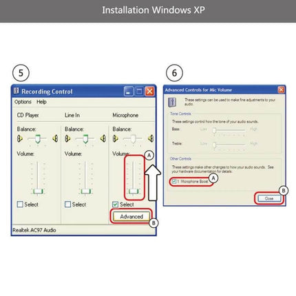 USB Condenser Microphone With Desktop Stand For Streaming setup screenshot showing Windows XP recording control and microphone boost settings