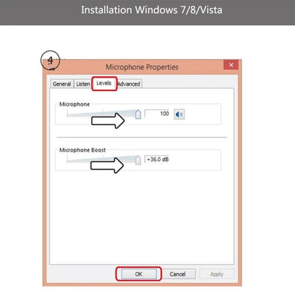 USB Condenser Microphone With Desktop Stand For Streaming - screenshot showing Windows microphone properties Levels tab with microphone and boost sliders set and OK button highlighted