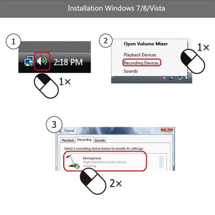 USB Condenser Microphone With Desktop Stand For Streaming setup guide showing Windows 7/8/Vista recording devices and microphone selection