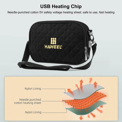 Messenger Shoulder Small Bag With Hand Warmer For Cold Days - black quilted canvas crossbody with USB heating chip and detachable hand warmer