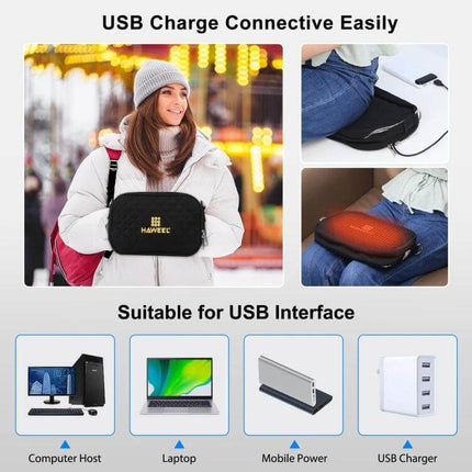 Messenger Shoulder Small Bag With Hand Warmer For Cold Days showing USB-heated canvas crossbody worn outdoors and connected to power bank
