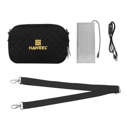 Messenger Shoulder Small Bag With Hand Warmer For Cold Days - black quilted canvas crossbody with detachable USB hand warmer pack and strap