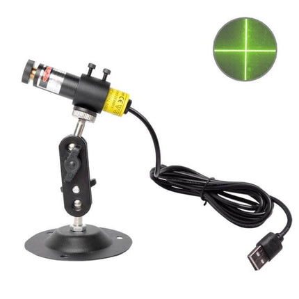 USB Power Laser Positioning Light With Holder For Precise Alignment showing laser head on 360° bracket, USB cable and green cross projection