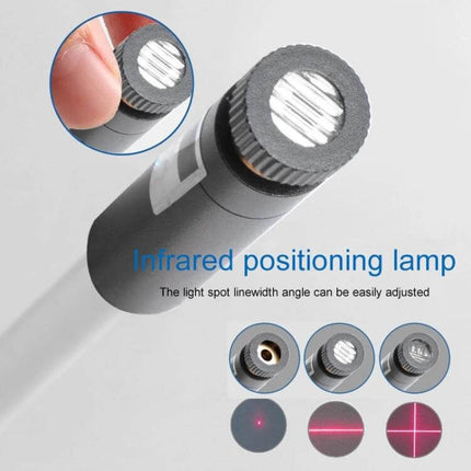 USB Power Laser Positioning Light With Holder For Precise Alignment - close-up of laser head, adjustable focus cap and projected dot/line/cross examples