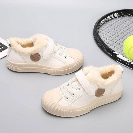 Velvet Toe Shoes For Unisex Casual Everyday Use All Day - beige artificial leather low-profile sneakers with faux fur lining and letter pattern