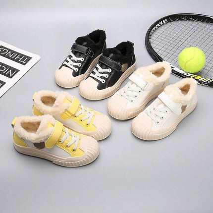 Velvet Toe Shoes For Unisex Casual Everyday Use All Day - artificial leather upper in black, beige, apricot with letter pattern, cozy fur-lined casual sneakers