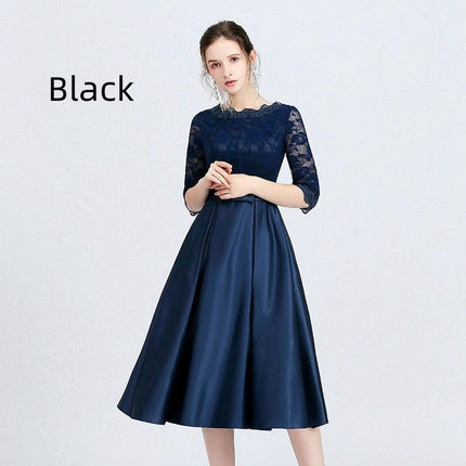 Versatile Casual Mid Length Evening Dress With Zipper navy blue vinylon lace top mid-length skirt office-to-evening