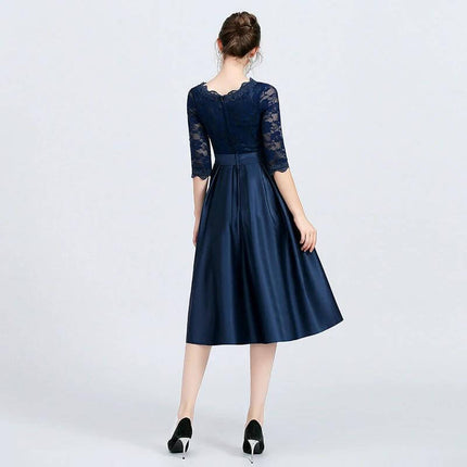 Versatile Casual Mid Length Evening Dress With Zipper navy lace top and satin skirt back view, office-to-evening style, sizes XS-XXXL