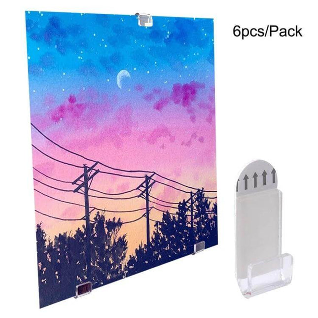 Wall Mounted Acrylic No-Punch Record Display Stand 6-Pack clear no-drill acrylic mounts showing colorful print on wall, adhesive, minimalist display