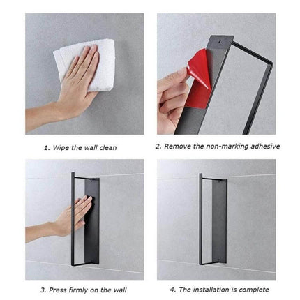 Wall Mounted Clothes Hanger Rack With Double Layer Storage showing adhesive installation steps on tiled wall