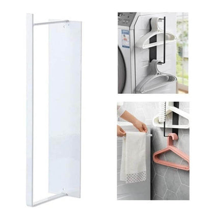 Wall Mounted Clothes Hanger Rack With Double Layer Storage hanging over washer and beside cabinet for compact towel and hanger organization