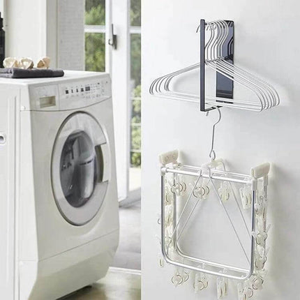 Wall Mounted Clothes Hanger Rack With Double Layer Storage hung by washer, thickened iron double-layer organizer for hangers and clip dryer