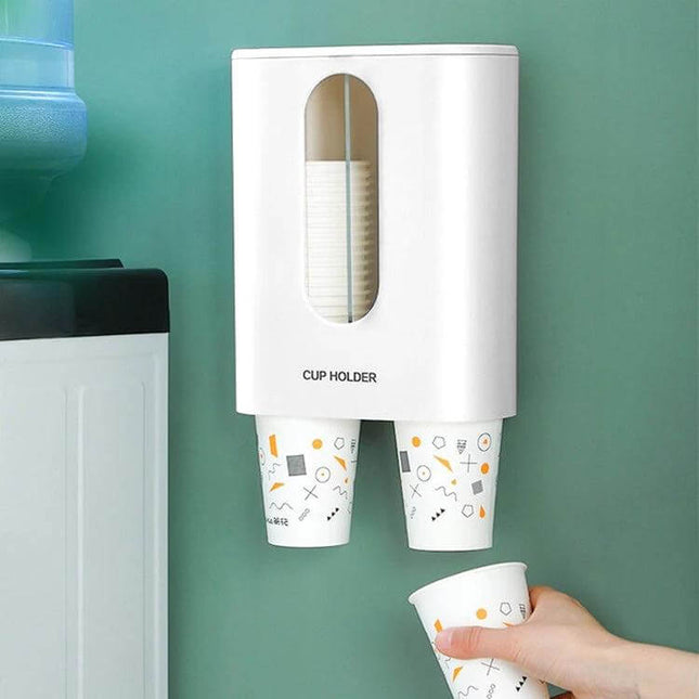 Wall Mounted Paper Cup Dispenser, Double Tube For Easy Cup Access - white ABS/PS double-tube cup holder beside water cooler, stores standard paper cups