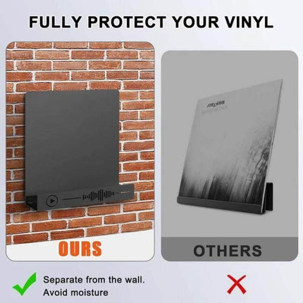 Vinyl Record Storage Wall Mounted Display Rack Iron on brick wall holding a record, compact corrosion-resistant iron design, saves floor space