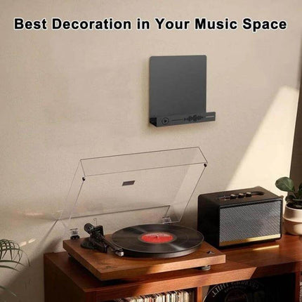 Vinyl Record Storage Wall Mounted Display Rack Iron mounted above turntable holding records, compact corrosion-resistant iron design for music rooms