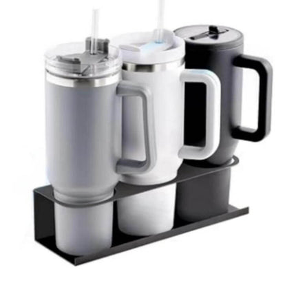 Wall-Mounted Water Bottle Rack 2-Pack For Home Kitchen Use holding three travel mugs on a slim iron wall-mounted organizer