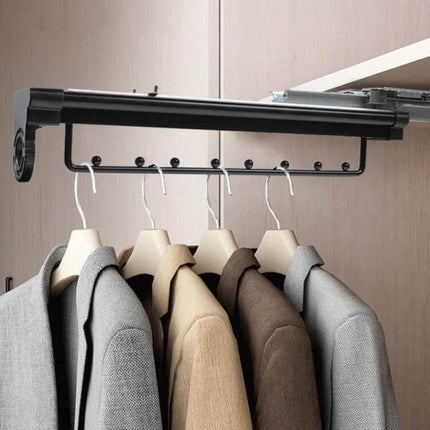 Wardrobe Extendable Push Pull Hanging Rod 12 To 16 Inches For Clothes Rail mounted in wardrobe showing suits on hangers, aluminum alloy, smooth pull-out action