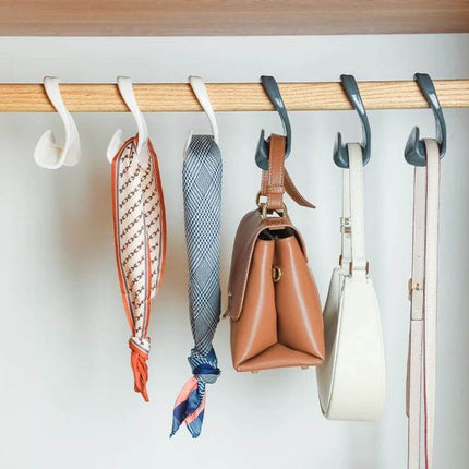 Wardrobe Hat and Scarf Hanger Set, 5-Pack Storage Hooks hanging scarves and handbags on a closet rod to save space and organize accessories