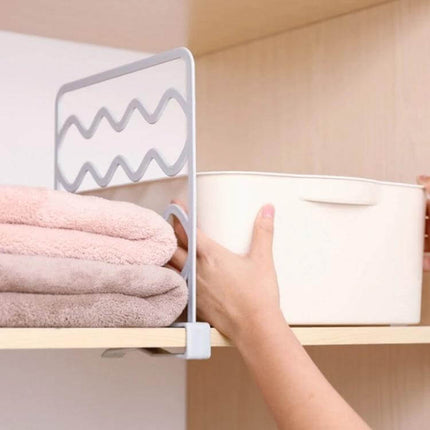 Wardrobe Partition Bars Two Tone White And Gray For Closet Organization - two-tone PP divider mounted on shelf holding towels and storage bin