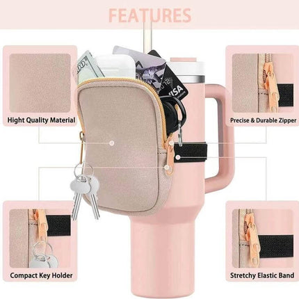Water Cup Side Pocket Zipper Bag For 40oz Tumbler On The Go attached to 40oz tumbler showing keys, cards, coins in side pocket