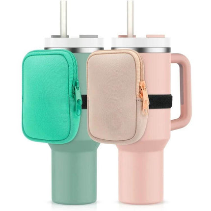 Water Cup Side Pocket Zipper Bag For 40oz Tumbler On The Go attached to two tumblers, teal and pink side pocket pouches for keys and coins