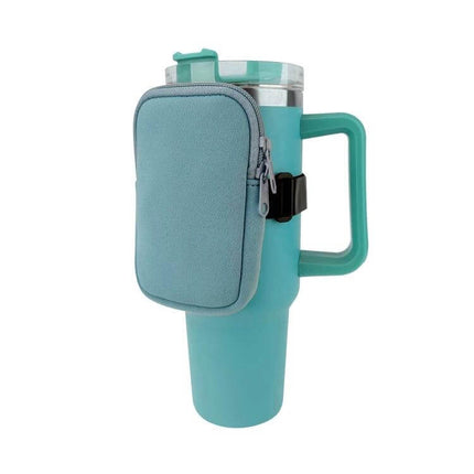 Water Cup Side Pocket Zipper Bag For 40oz Tumbler On The Go attached to teal 40oz tumbler with side handle showing small zippered pocket