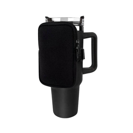 Water Cup Side Pocket Zipper Bag For 40oz Tumbler On The Go attached to black 40oz tumbler with side pocket for keys coins earphones