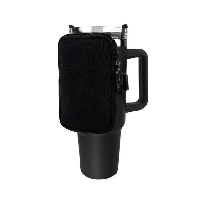 Water Cup Side Pocket Zipper Bag For 40oz Tumbler On The Go attached to black 40oz tumbler with side pocket for keys coins earphones