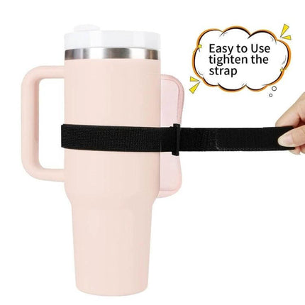 Water Cup Side Pocket Zipper Bag For 40oz Tumbler On The Go strapped to pink 40oz tumbler showing adjustable tightening strap