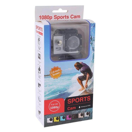 Waterproof Action Sports Camera With 30m Dive Case in retail packaging showing 1080p, 140° lens and 2.0" LCD for snorkeling and surfing