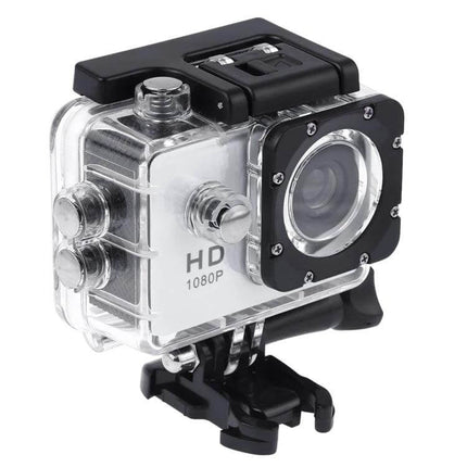Waterproof Action Sports Camera With 30m Dive Case showing 1080p HD lens, 140° wide-angle, 2.0" LCD and mount