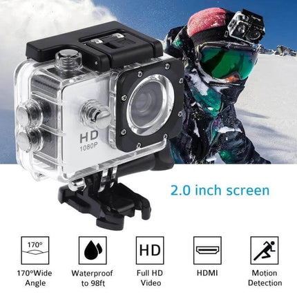 Waterproof Action Sports Camera With 30m Dive Case recording 1080p with 140° wide-angle lens and 2.0" LCD for snorkeling, cycling, paddleboarding
