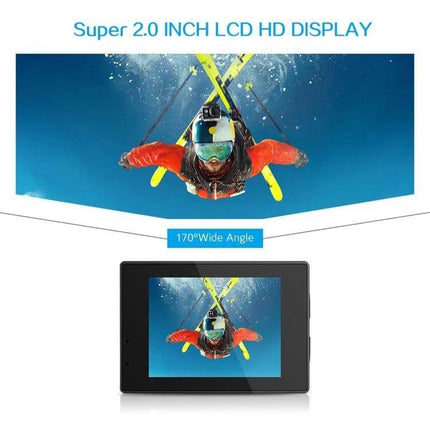 Waterproof Action Sports Camera With 30m Dive Case showing 2.0" LCD, 140° wide-angle view of underwater skier/skydiver and dive case
