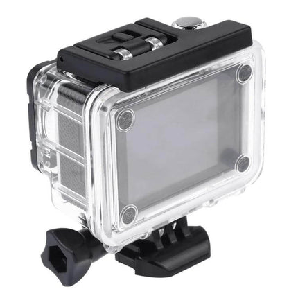 Waterproof Action Sports Camera With 30m Dive Case shown in clear protective housing with 140° lens, 2.0" LCD and mount for snorkeling and cycling