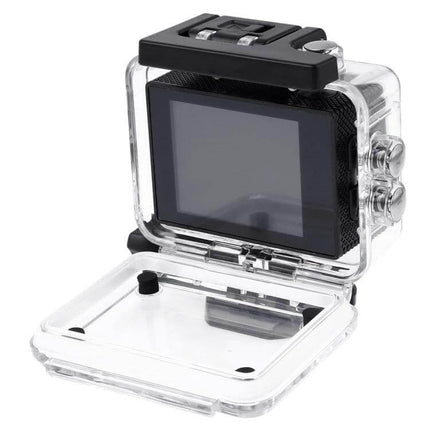Waterproof Action Sports Camera With 30m Dive Case showing rear 2.0" LCD in open clear dive housing for snorkeling and underwater use