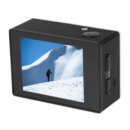 Waterproof Action Sports Camera With 30m Dive Case showing rear 2.0" LCD displaying snowy mountain skier, 140° wide-angle, textured black housing