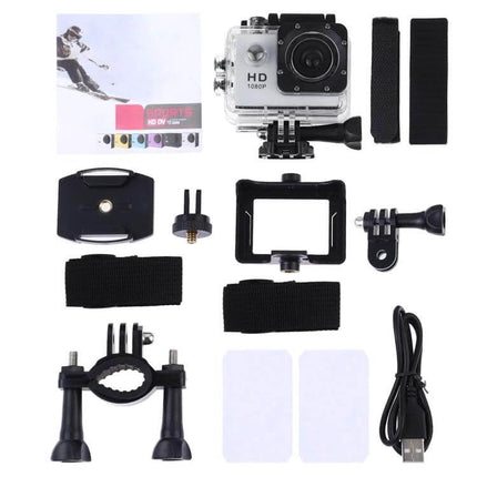 Waterproof Action Sports Camera With 30m Dive Case - 1080p camera kit with dive housing, 140° wide-angle lens, 2.0" LCD, straps, mounts, USB cable