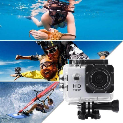 Waterproof Action Sports Camera With 30m Dive Case capturing snorkeling, skydiving and windsurfing adventures in waterproof 1080p housing