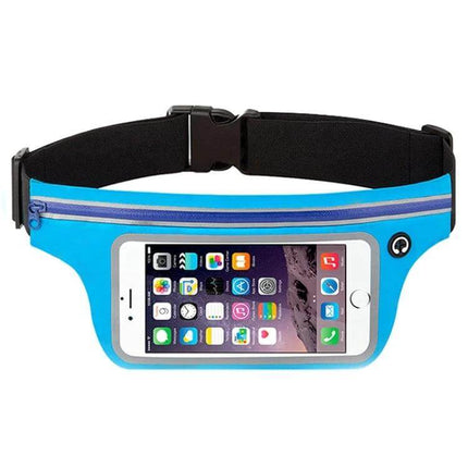 Cell Phone Waist Pack Waterproof for Outdoor Running blue Lycra waist belt with touchscreen window holding smartphone