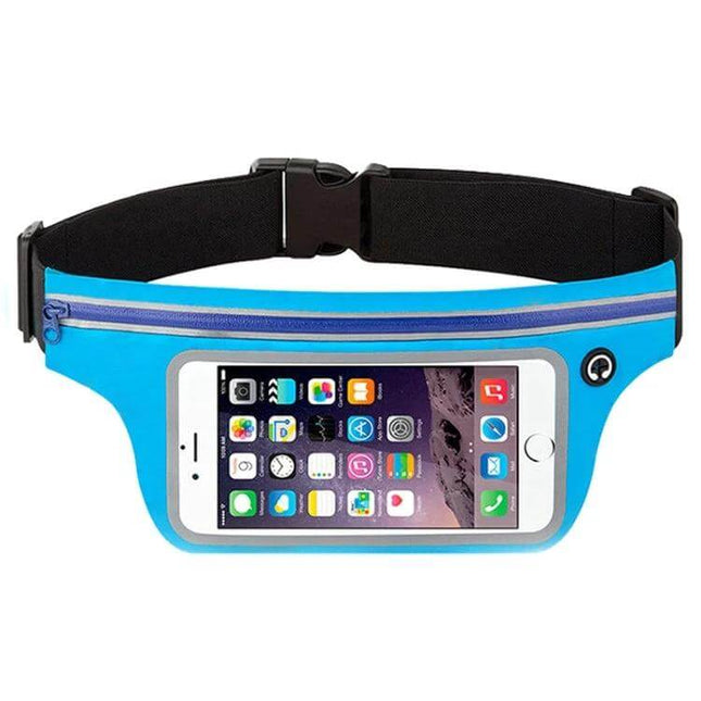 Cell Phone Waist Pack Waterproof for Outdoor Running blue Lycra waist belt with touchscreen window holding smartphone
