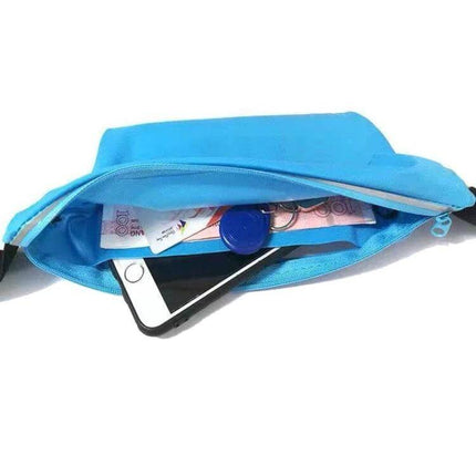 Cell Phone Waist Pack Waterproof for Outdoor Running showing blue Lycra pouch with phone, cash and keys inside, touchscreen window and zipper