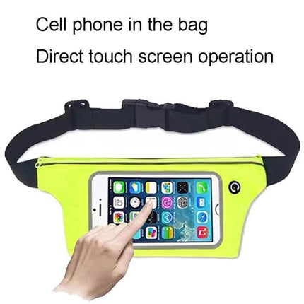 Cell Phone Waist Pack Waterproof for Outdoor Running - neon waist belt with touchscreen window showing phone access and water-resistant Lycra construction