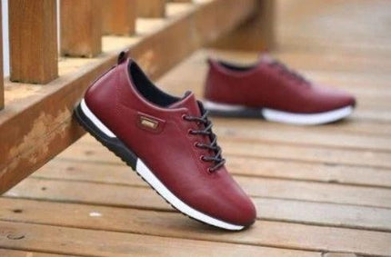Waterproof Tooling Sneakers With PU Upper For Everyday Work - maroon PU upper slip-resistant work sneakers on wooden deck