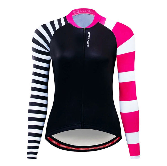 Cycling Jersey For Spring And Autumn Breathable Sweat Wicking Fit black body with contrasting striped long sleeves and breathable cycling cut