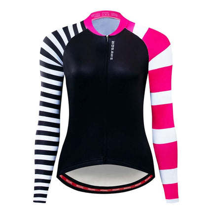 Cycling Jersey For Spring And Autumn Breathable Sweat Wicking Fit - women's long sleeve black body with striped pink and black white sleeves
